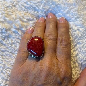 Red Coral Silver Ring Adjustable